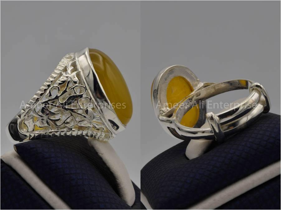 Silver Couple Rings: Pair 62, Stone: Yellow Aqeeq (Agate) - AmeerAliEnterprises