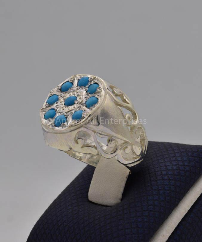 AAE 9143 Chandi Ring 925, Stone: Feroza (Turquoise) - AmeerAliEnterprises