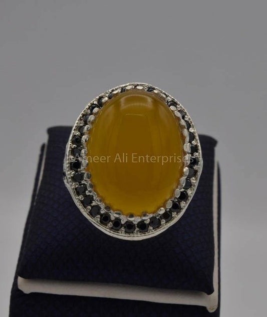 AAE 6534 Chandi Ring, Stone: Zard Aqeeq - AmeerAliEnterprises