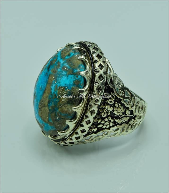 AAE 6766 CHANDI RING 925, STONE: SHAJRI FEROZA (TURQUOISE) - AmeerAliEnterprises