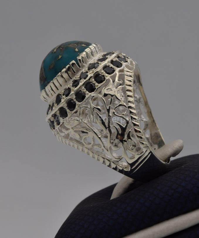 AAE 7725 Chandi Ring 925, Stone: Shajri Feroza (Turquoise) - AmeerAliEnterprises